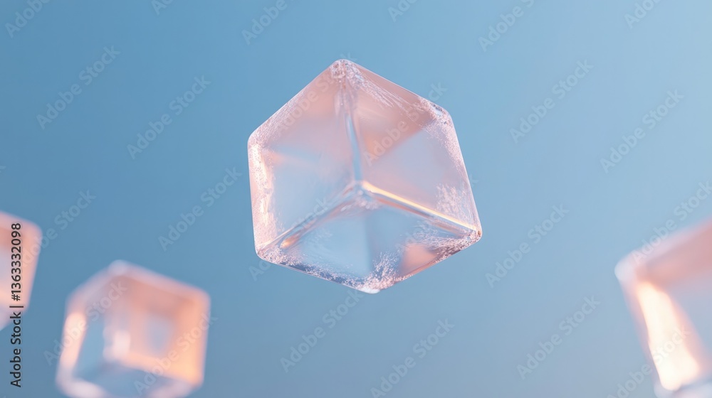 Poster digital surrealism piece where floating translucent cubes pulse with rhythmic light symbolizing and 