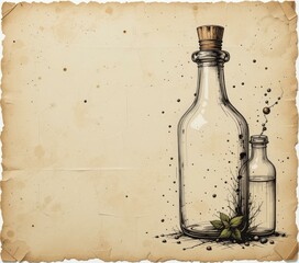 Vintage Hand-Drawn Vector Illustration Two Glass Bottles Cork Stoppers Aged Paper Background - Eco-Friendly Nature Aesthetic Blog Website Header, Sustainable Products Vintage Decor