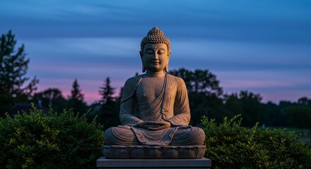 Obraz premium Buddha statue meditating in serene outdoor garden