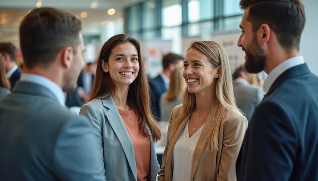 Group of young professionals engage in conversations at career fair. Smiling people in business attire networking. Discussions about job opportunities, career paths, future planning. Employment,