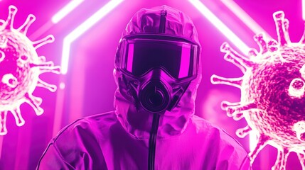 Scientist in protective gear with viral elements