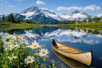 Obraz premium A tranquil landscape featuring a lake, mountains, a canoe, and flowers, reflecting a clear sky