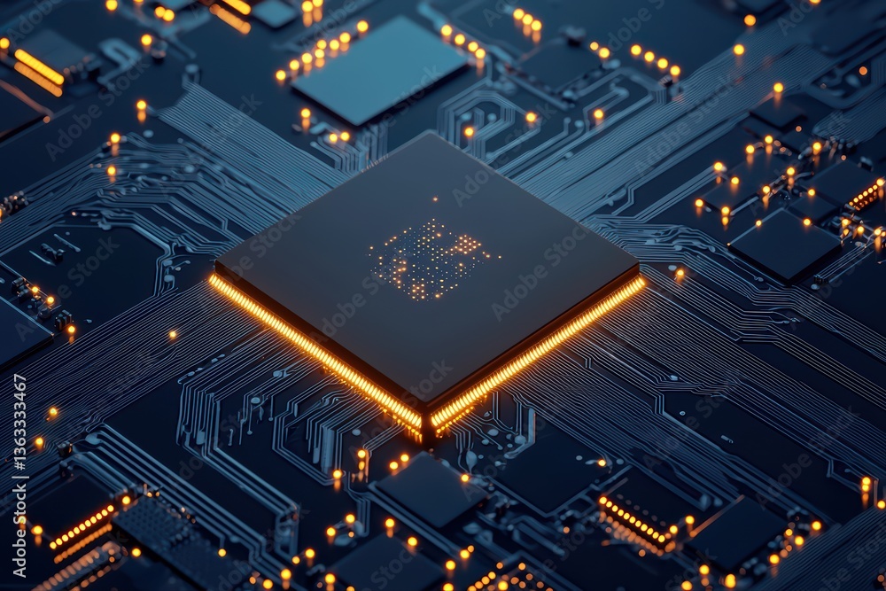 Poster high-tech microchip on circuit board close-up view
