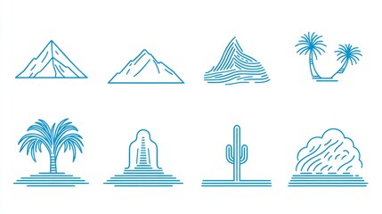 Desert landscape icons mountains, palms, cacti