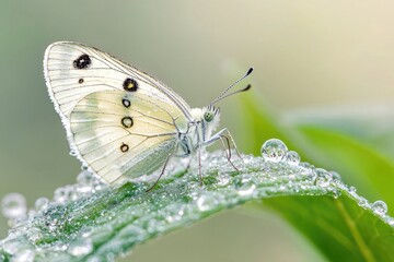 Obraz premium A delicate butterfly perched on a wet leaf covered with water droplets, a symbol of fragility and beauty