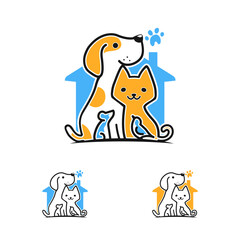 dog and cat, mouse and bird, framed by a blue abstract house shape, pets logo