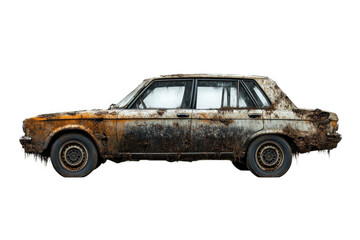 an old car with rust on it cutout and isolated on transparent background 