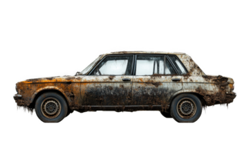 an old car with rust on it cutout and isolated on transparent background 