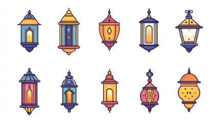 Festive Islamic lanterns, illuminated designs, diverse styles, white background, Ramadan decorations