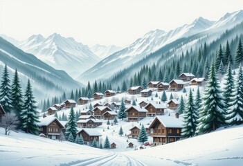 Stunning Digital Illustration Snow-Covered Mountain Village Cozy Wooden Chalets Evergreen Trees Majestic Winter Wonderland - Winter Travel Promotions Holiday Getaways