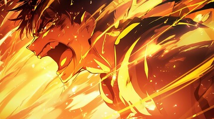 Intense anime character shouting in a dynamic pose with a fiery background, expressing strong emotions and raw energy