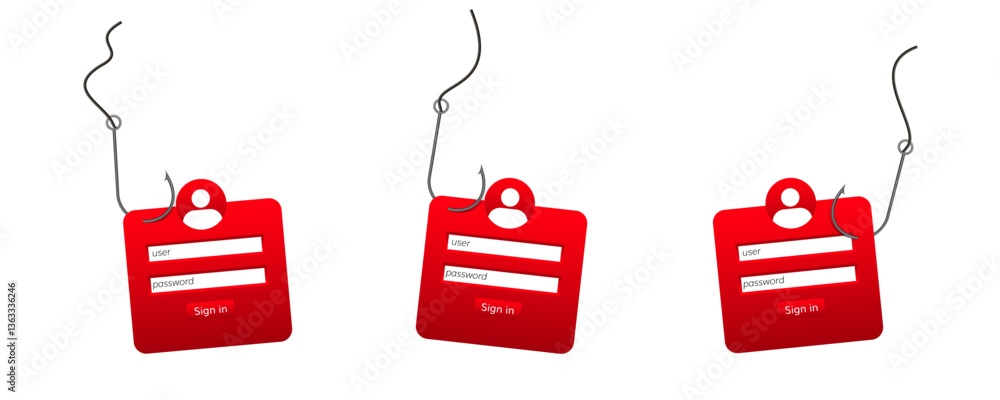 Poster three red login forms hang on hooks, symbolizing phishing attacks and the need for cybersecurity awa