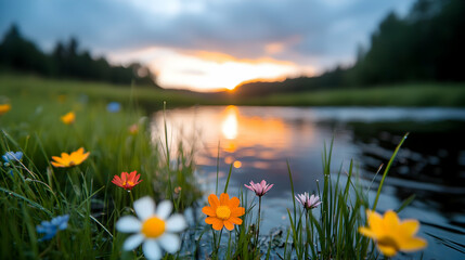 Sunset Over a Calm Lake with Wildflowers
