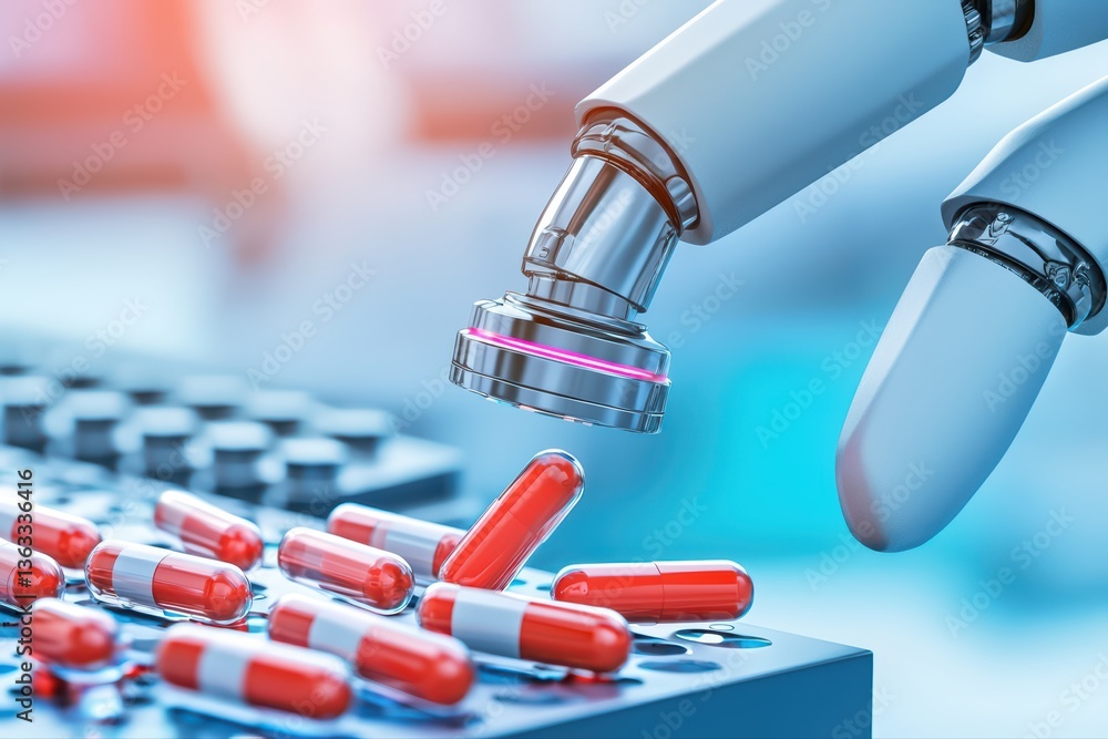Poster robotic arm handling red capsules in laboratory
