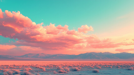 Fototapeta premium A crystalline desert where the ever-changing sky bathes the land in constantly morphing shades of pink, teal, and orange