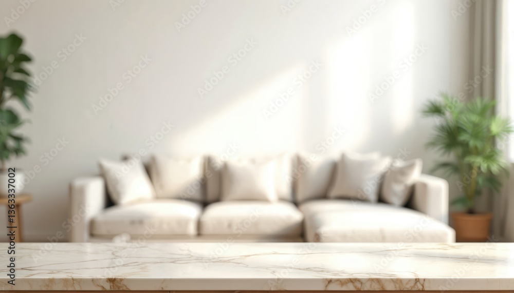 Poster empty marble table with blurred living room background. interior design concept with copy space on c