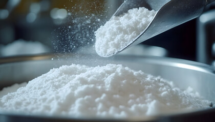 Close up view of lithium carbonate powder processed. Energy materials production. Metal scoop adds white crystal substance. Raw chemical mineral, industrial manufacturing equipment. Clean, bright