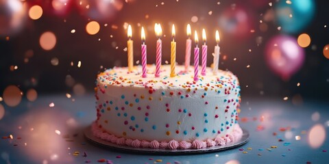 Birthday cake with colorful candles and confetti celebrating joy during a special occasion at a festive gathering