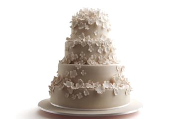 a three tiered cake with white flowers on top cutout and isolated on transparent background 