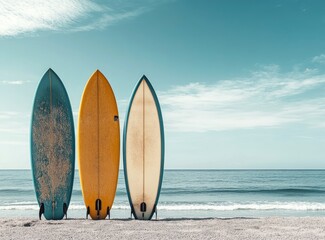 Surfboards Standing on Sandy Beach with Ocean View Under Cloudy Sky