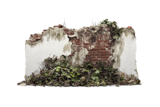 a brick wall with ivy growing on it cutout and isolated on transparent background 