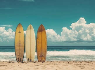 Surfboards on Beach Sand with Ocean Waves and Cloudy Sky