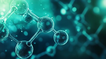 A close up of a blue and green image of molecules. The image is of a scientific nature and is meant to convey the idea of the complexity of the molecular structure. Scene is one of wonder and awe