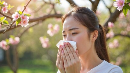 Young woman suffering from spring allergy blowing her nose near blossoms
