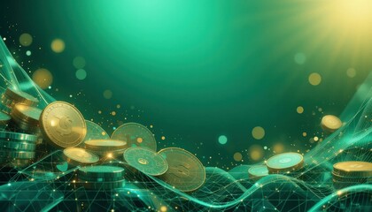 Modern Digital Illustration Cascading Gold Coins Teal Background - Cryptocurrency Investment Concept Promotional Material Marketing Finance E-commerce