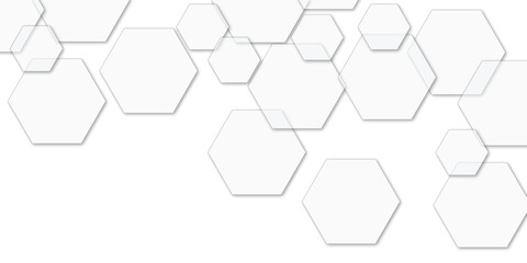 Abstract geometric technology embossed white hexagon on transparent honeycomb vector illustration background.
