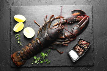Raw lobster, cut lime, microgreens and spices on dark textured table, top view