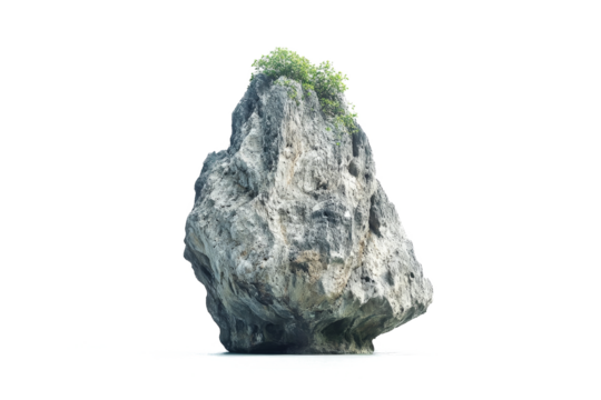 a rock with a small tree growing on top cutout and isolated on transparent background 