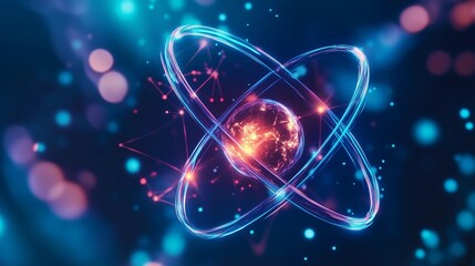 A glowing sphere with a red dot in the center. The sphere is surrounded by a blue and red circle. The image has a futuristic and abstract feel to it