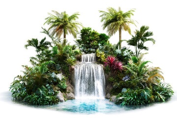 tropical island with waterfall and palm trees cutout and isolated on transparent background 