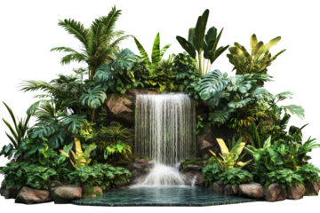 a waterfall in the middle of a tropical garden cutout and isolated on transparent background 