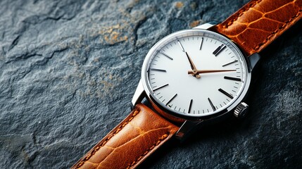 Elegant Wristwatch:  Leather Strap, Silver Case