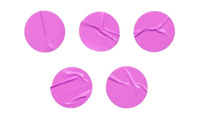 Set of pink glossy paper circles with creases, isolated blank round sticker on white background