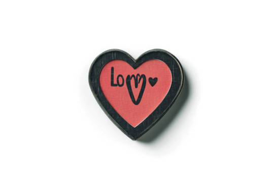 a heart shaped pin with the word love on it cutout and isolated on transparent background 