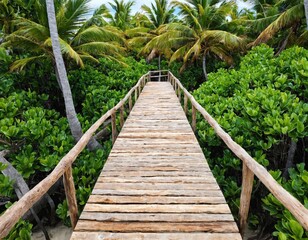 Fototapeta premium Wooden Pathway Through Tropical Jungle With Lush Foliage and Palm Trees
