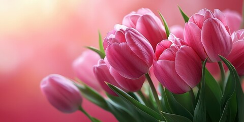 Naklejka premium Pink tulips bloom elegantly in a soft pastel setting, showcasing nature's beauty and freshness during springtime
