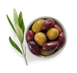 Delicious marinated olives in bowl and leaves isolated on white, top view