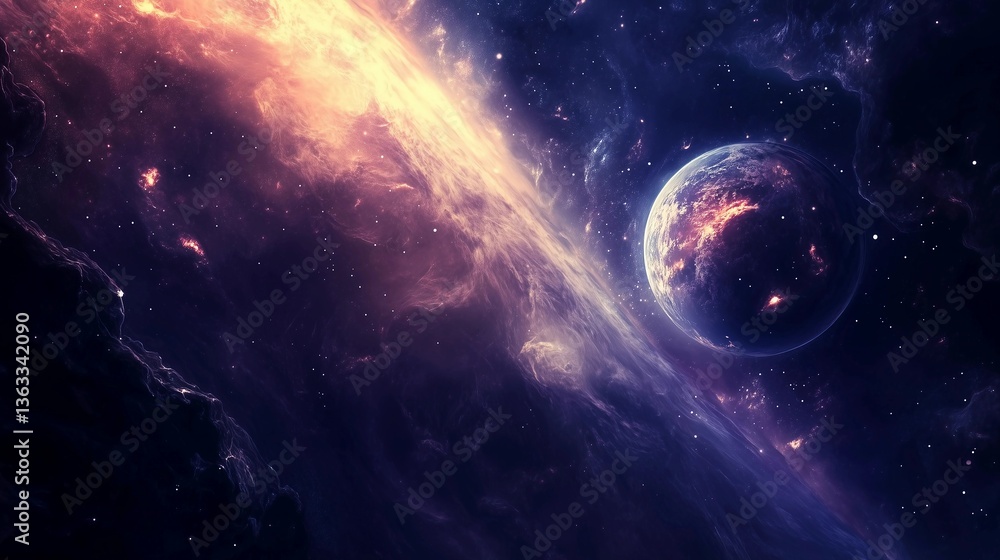 Wall mural a space scene with a planet and a star. the planet is in the middle of the scene and the star is on 