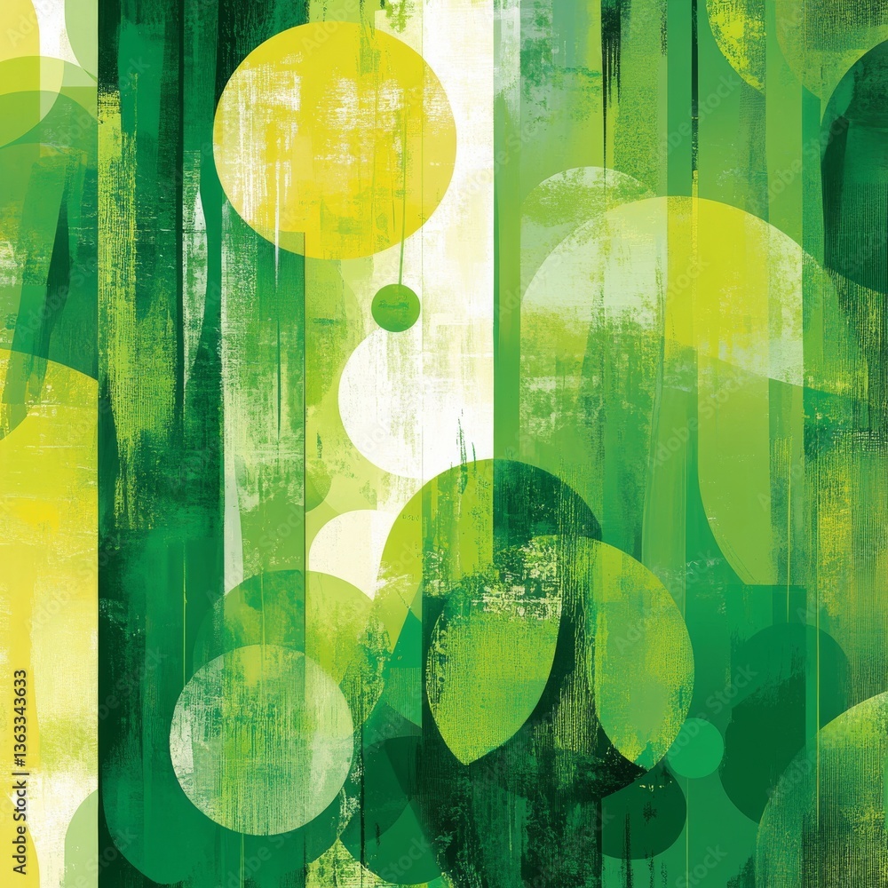 Poster abstract green and yellow composition: a play of circular forms and textured vertical lines, evoking