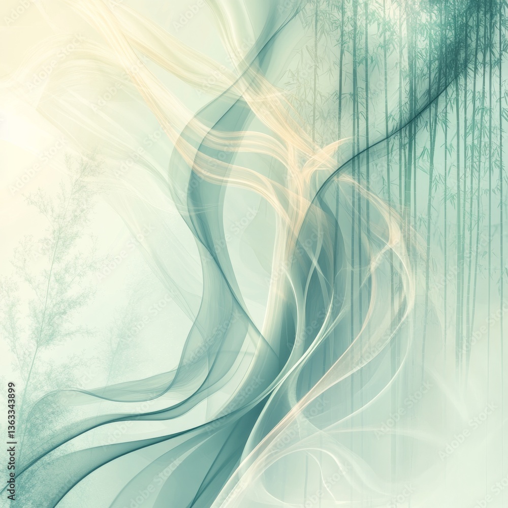 Poster Abstract Serenity: Gentle Waves of Color and Bamboo Harmony in Soft Tones of Teal and Beige Create a Peaceful, Evocative Ambiance