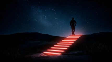 Silhouette of a Man Ascending Glowing Red Steps at Night Under a Starry Sky