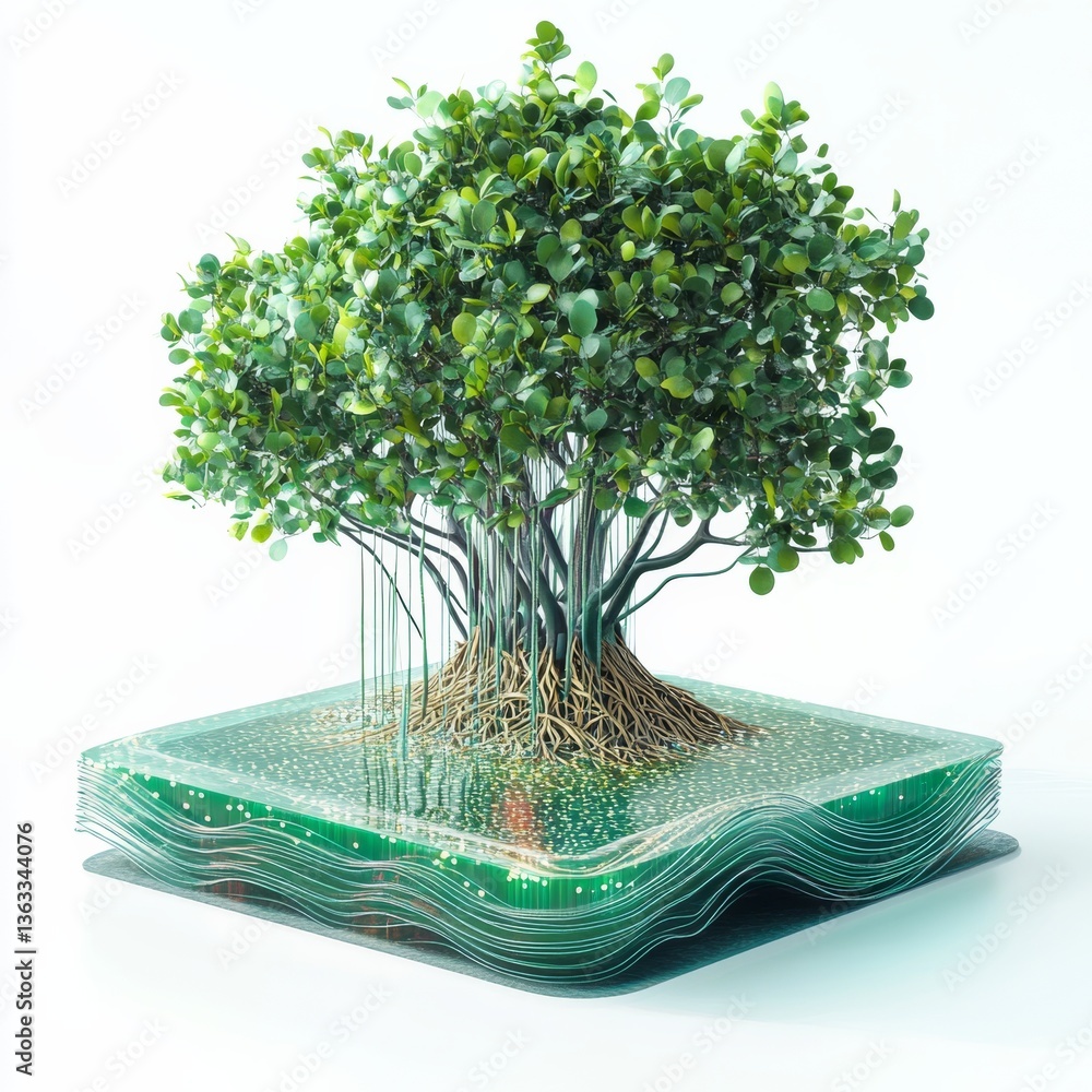 Poster digital banyan tree: nature thriving on circuitry, a symbol of sustainable technology and technologi