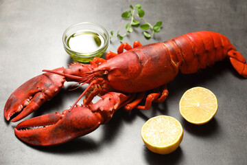 Delicious boiled lobster with oil, microgreens and lemon pieces on grey table, closeup