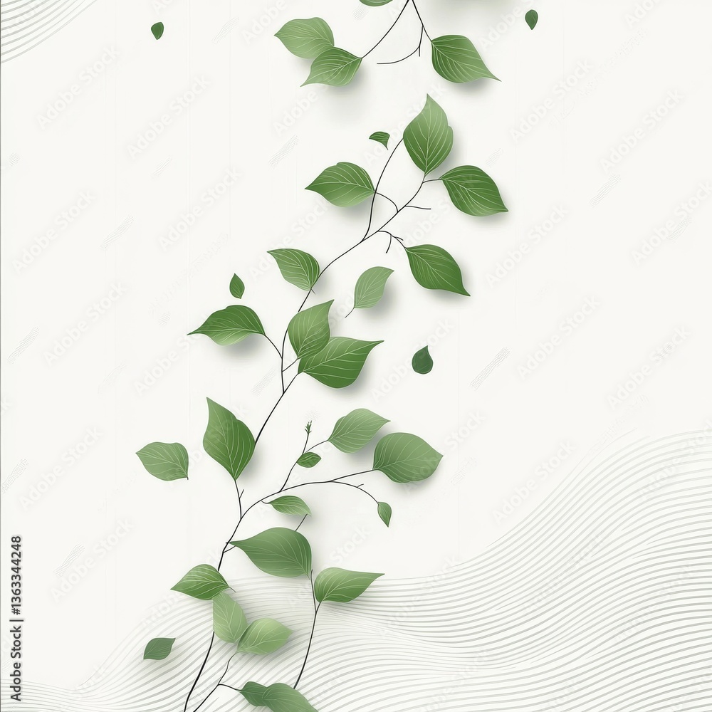 Aufkleber elegant green leaves on branches with subtle waves - a minimalist botanical design