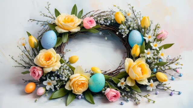 Floral wreath adorned with pastel eggs celebrates spring's arrival in vibrant colors and charming details