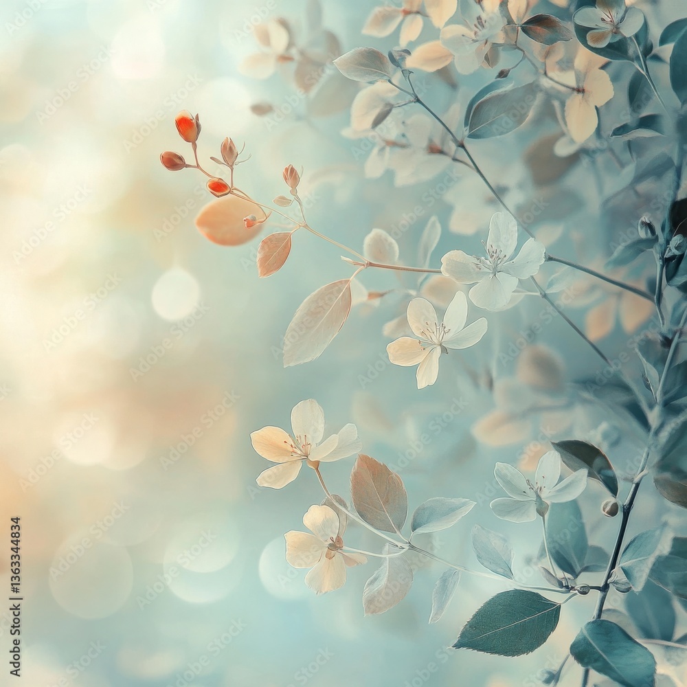 Poster Ethereal Spring: Blossoming Branch in Soft Hues with Dreamy Bokeh Highlights and a Touch of Red Buds